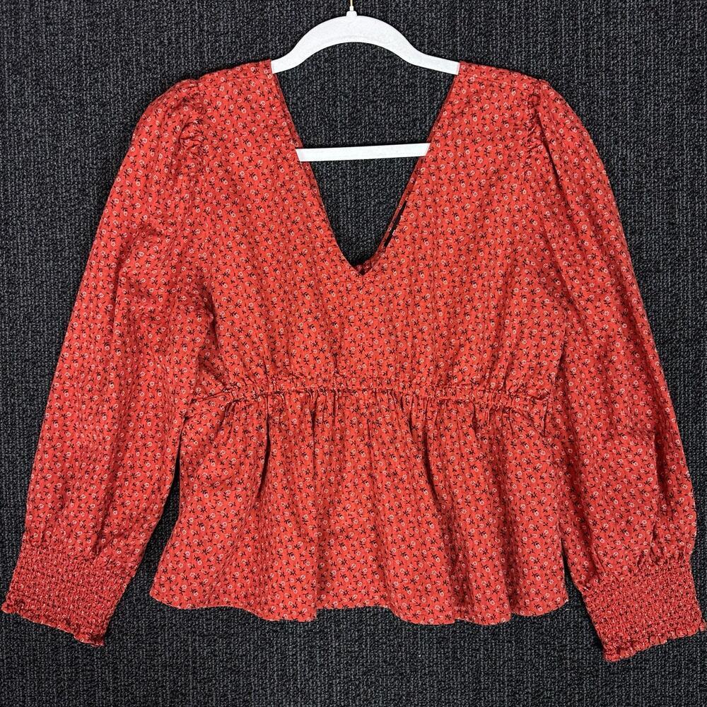 Madewell Womens Julianne Smocked-Waist Top Red V-Neck Floral Size Medium M